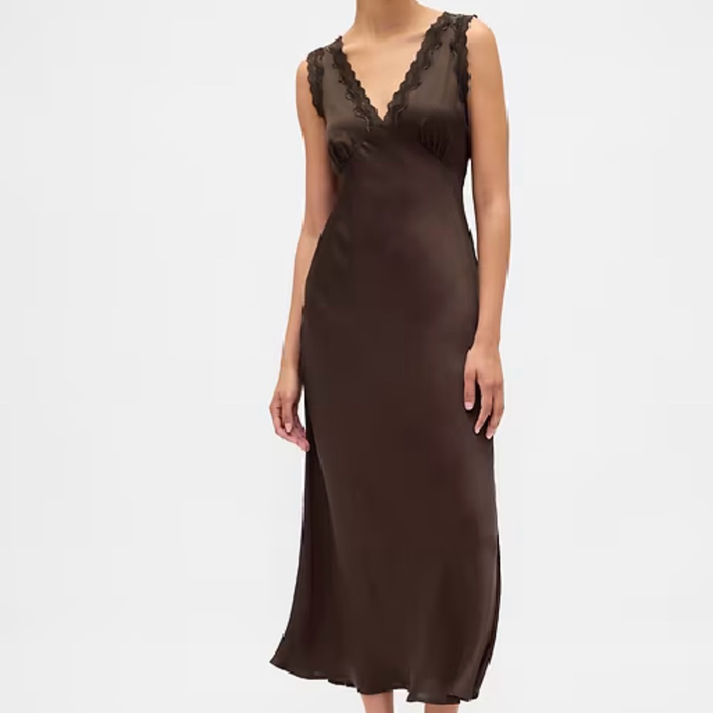 Gap - Brown Satin Lace-Trim V-Neck Maxi Slip Dress